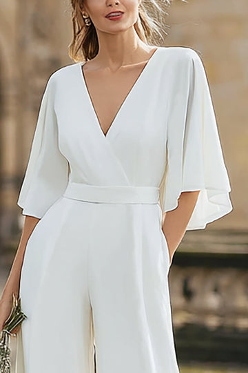 Combinaison de mariage simple à col en V ivoire avec poche